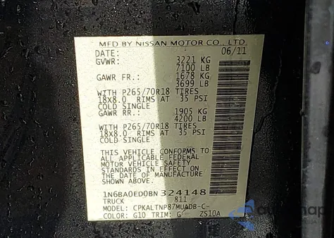 2011 Nissan Titan Sv z USA, uszkodzony, nr VIN 1N6BA0ED0BN324148